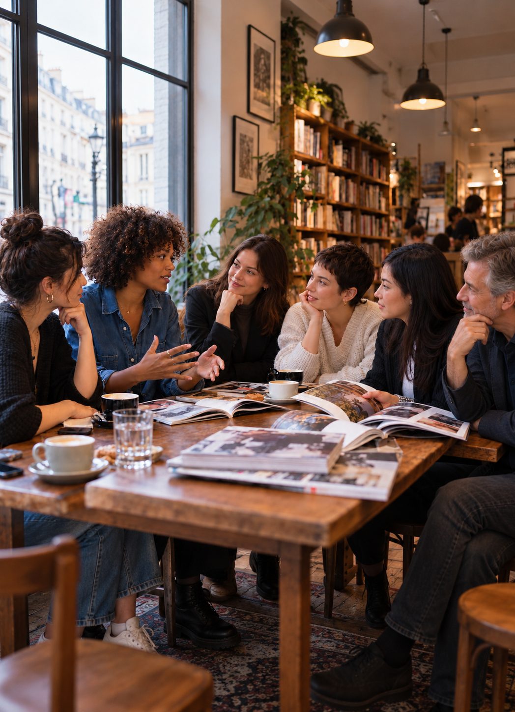 Six personnes discutent autour d’une table de café-librairie, entre tasses de café et magazines ouverts.